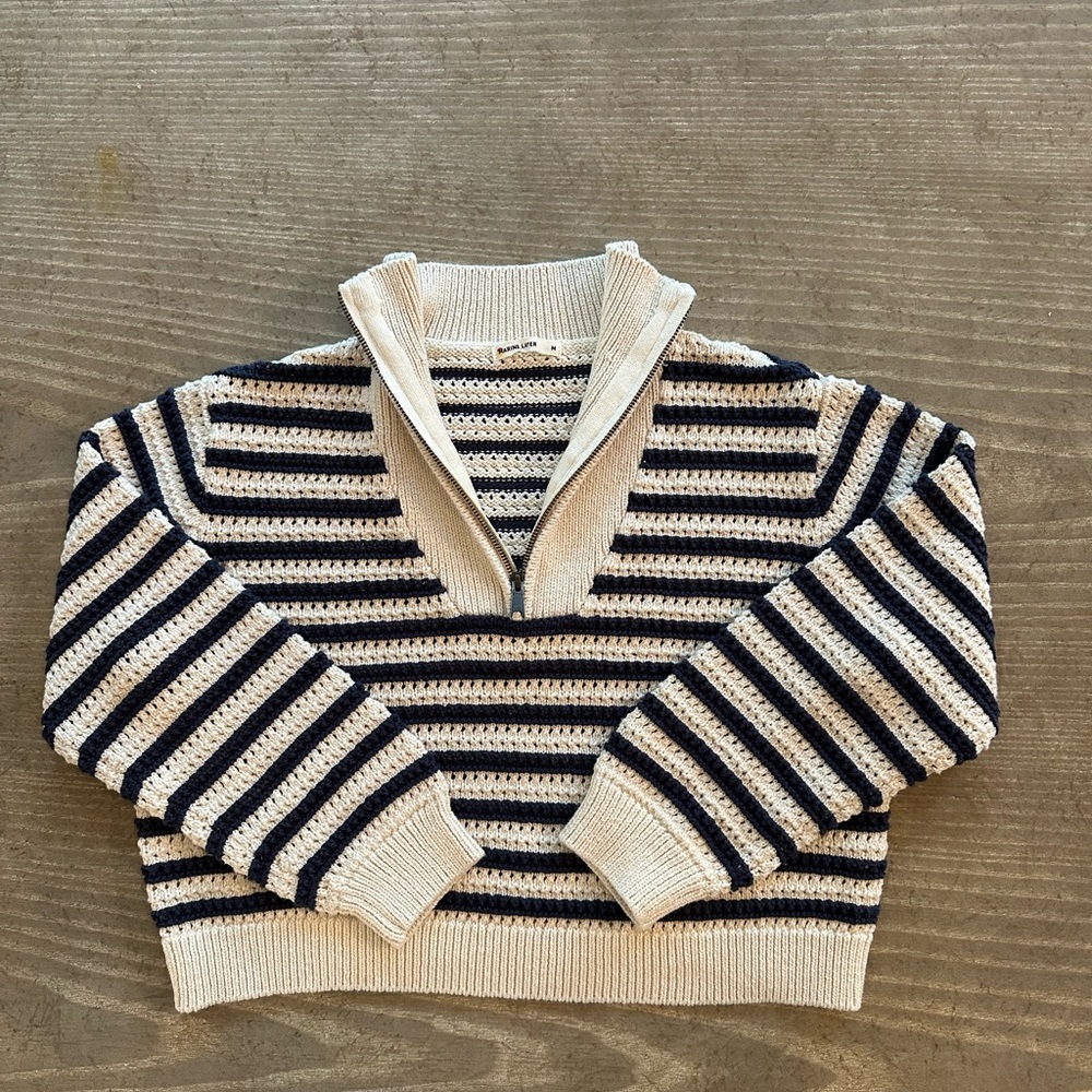 Marine Layer Montecito Navy Blue and Cream Striped Half-Zip Sweater
